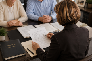 Margery Golant meeting with clients to review their legal matter